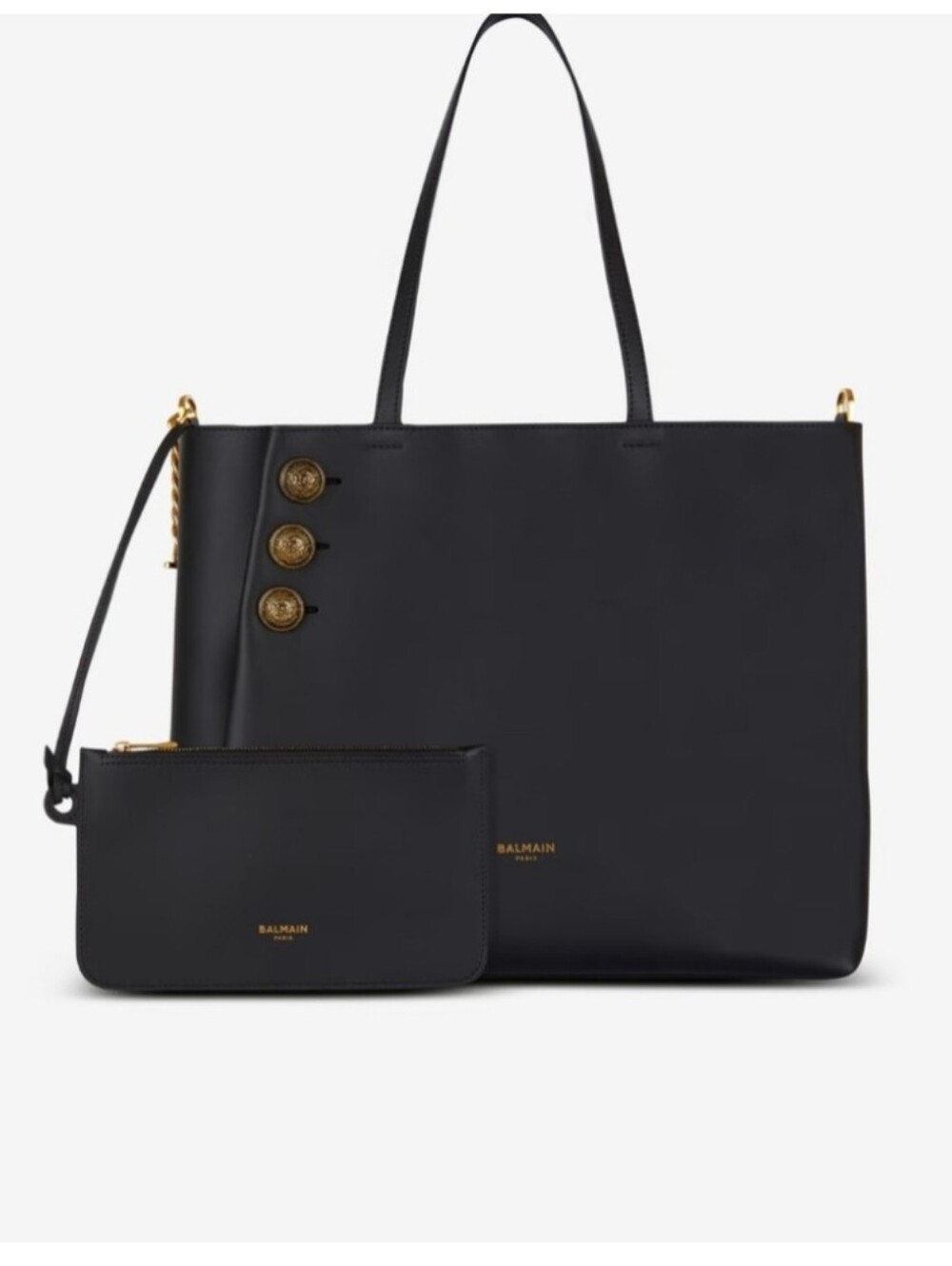 Balmain Black Leather Tote with Gold Medallion Accents and Matching Pouch
